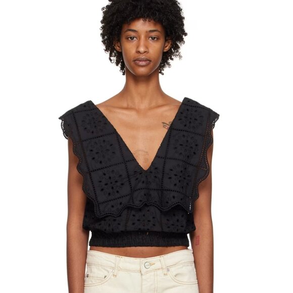 Ganni Tops - GANNI Black Broderie Anglaise Rhythm Collar Top 38 Medium